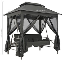 Outdoor 3-Person Convertible Swing Bench with Canopy, Anthracite Powder-Coated Steel Patio Bed, Backyard Garden Lounge Chair with Curtains and Pillows
