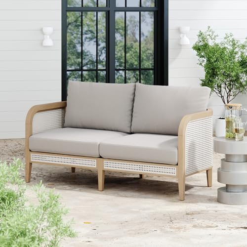 Nathan James Twila Boho Rattan Loveseat Outdoor Sofa, Outdoor Loveseat with Rattan Arms, Solid Acacia Wood Frame, Gray Linen