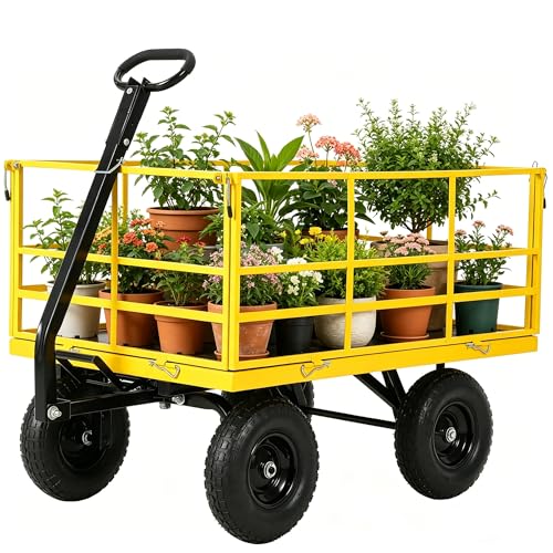 Takywep 1500 LBS Steel Garden Cart, Heavy Duty Pullable Garden Wagon with 13" Flat-Free Tires & Adjustable Handle, Outdoor Utility Yard Wagon Cart with Detachable Side Panels, Yellow
