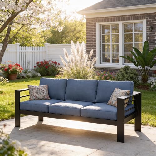 Kiss the Water Aluminum Patio Sofa, 3 Seats Dark Blue Outdoor Couch