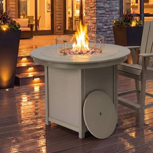 Costaelm 47" Modern Outdoor Patio Backyard Round Propane Counter Height Fire Pit Table (Rocks Not Included), Weathered Wood