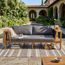 Merax Acacia Wood Outdoor Loveseat with Grey Cushion, Coastal Style Patio Daybed Loveseat Sofa with Rope Side Panels & Built-in Side Storage Shelves, 2-Seater Patio Bench for Garden Backyard