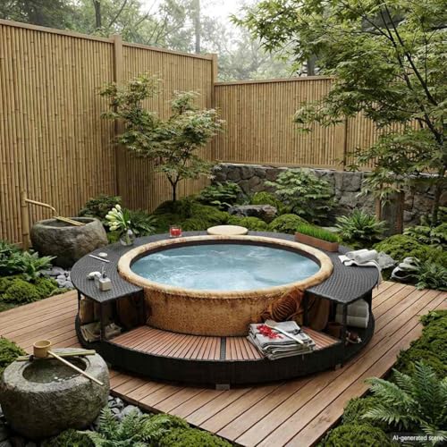 Black Poly Rattan Hot Tub Surround, Spa Surround with Storage and Power Pack Cutout, Weatherproof Eucalyptus Frame, Wicker Style Spa Furniture