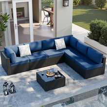 SUNLEI 7pcs Patio Conversation Sets Outdoor Furniture Sets, High Back All-Weather Rattan Sectional Sofa with Tea Table&Washable Couch Cushions(Black Rattan)(Aegean Blue)