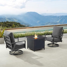 Oakland Living Black Aluminum Patio Fire Table Bistro Set with Two Club Chairs with Black Cushions