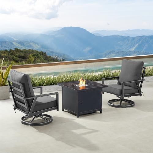 Oakland Living Black Aluminum Patio Fire Table Bistro Set with Two Club Chairs with Black Cushions