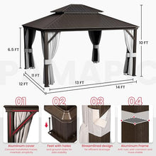 Pamapic 12'x14' Hardtop Gazebo with Double Roof, Netting & Curtains, Brown