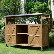 JOSOGO Outdoor Prep Table with Storage, Rolling Kitchen Island, Movable Bar Cart with Stainless Steel Top for Outside Patio, Backyard, Garden(B-Brown)