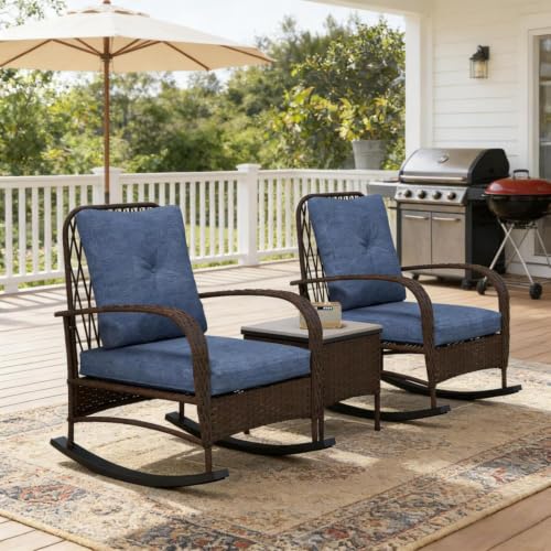 Hassyee 3 Pieces PE Rattan Bistro Set with 2 Rocking Chairs and 1 Coffee Table for Poolside, Lawn, Outdoor Furniture Set with Soft Cushions and Elegant Design Backrests for Balcony (Brown)