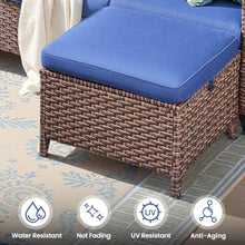 Seeheool Outdoor PE Wicker Ottomans Set of 2, Patio Brown Rattan Footrests with Blue Cushions for Backyard or Deck