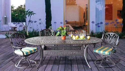 Elizabeth Outdoor Patio 7pc Set Oval Dining Table 42"x 87" Dark Bronze Cast Aluminum, Sunbrella Sesame Cushions