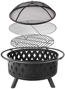 Garden Fire Pit Grill Bowl Grill Barbecue Rack Fire Pit Bowl, Outdoor Metal Firepit,BBQ Grill Fire with Grille, Sticks for Fire Pit, Fire Pit with Cover BBQ Cooking for Camping Backyard