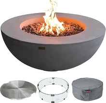 Elementi Lunar Bowl Fire Pit Bundle Outdoor Firepit Set Includes 42” Natural Gas Concrete Firepit Bowl, Glass Windscreen, Stainless Steel Cover, Canvas Cover, Lava Rocks