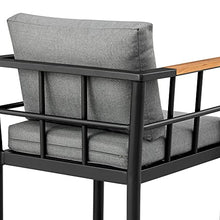 Armen Living Wiglaf Modern Outdoor Patio Counter Chair Bar Stool in Aluminum Metal and Teak Wood with Gray Cushions, 26" Seat Height