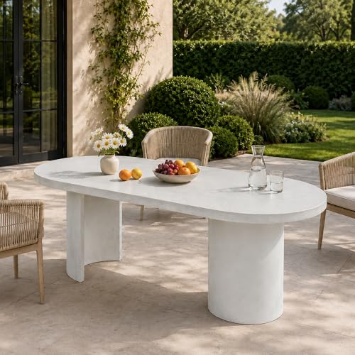 Merax 67.5" Oval Outdoor Dining Table, Elegant Modern Aesthetic Concrete Table for Garden Patio Balcony, Internal Iron Frame, Bear 300LBS, Terrazzo White