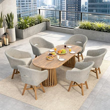 Christopher Knight Home Ambes 7 Piece Acacia Wood Outdoor Dining Set for 6, Patio Dining Table and Chair Set with Curved Rattan Backrest & Cushions, Outdoor Dining Table Set, Beige+Grey Ash+Brown