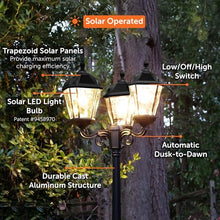 Gama Sonic Royal Bulb Solar Lamp Post Light Kit, 89 inch Tall, Outdoor Triple Head Black Cast Aluminum, Rain Water Glass Light Pole, Warm White 2700K 98B50003 (Upgraded Panel)