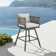 Armen Living Alegria Outdoor Patio Swivel Bar Stool in Aluminum with Gray Rope and Light Gray Cushions