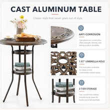 3 Piece Swivel Outdoor Table and Chairs Bar Set , All-Weather Cast Aluminum Outdoor High Top Patio Bar Set Bistro Set, High Swivel Stools with Cushions Umberlla Hole for Balcony, Poolside,Garden,Lawn
