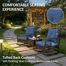 Hassyee 3 Pieces PE Rattan Bistro Set with 2 Rocking Chairs and 1 Coffee Table for Poolside, Lawn, Outdoor Furniture Set with Soft Cushions and Elegant Design Backrests for Balcony (Brown)