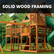 Gorilla Playsets Treasure Trove II Wood Swing Set with Green Vinyl Canopy, Clatter Bridge & 3 Slides Amber
