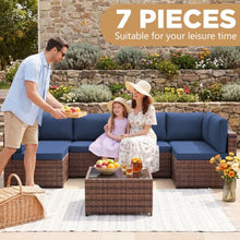 LHBcraft Outdoor Patio Furniture Set Wicker, 7 Pieces Patio Sectional, Blue