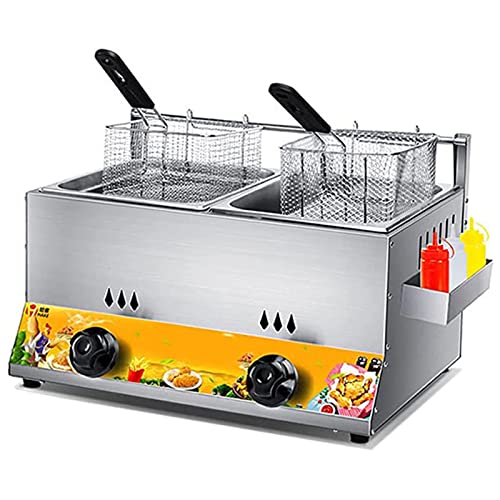 EliteBloom Commercial Gas Fryer,Stainless Steel Fat Fryer,with Basket and Lid,Freestanding Temperature Control,for Restaurant Home Fries Chip,6L+6L,6L+6L