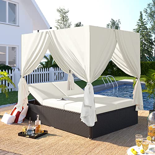 Seeheool U_Style Outdoor Double Chaise Lounge Daybed with Curtains,Patio Outdoor Sunbed with Adjustable Backrest, Sturdy Steel Frame Loveseat Sofa for Backyard,Poolside, Terrace
