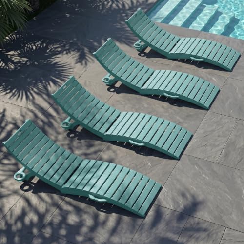 PLUUV HDPE Pool Chaise Lounge Chairs with Cup Holder, Set of 4, Blue