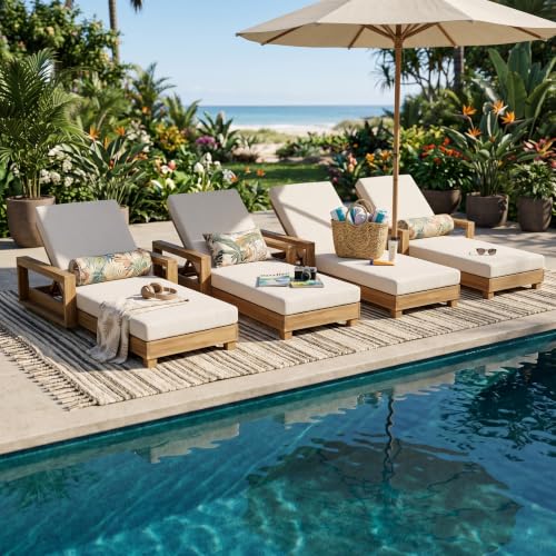 Merax Acacia Wood Chaise Lounge with 4 Double-Fold Cushion Chaise, Cream