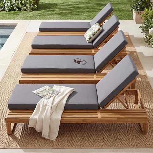 Merax 4-Piece Teak Finish Acacia Wood Chaise Lounge with 4-Inch Dark Grey 2-Fold Cushion Set, 4-Position Adjustable Outdoor Patio Lounger with Flat Side Surface, for Poolside