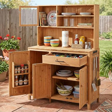 GDFStudio Elford Outdoor Storage Bench Table with Cabinet, Patio Wooden Potting Bench, Garden Storage Work Bench with Drawer, Cabinets, Adjustable Shelves, Hook and Countertop, Kitchen Island, Natural