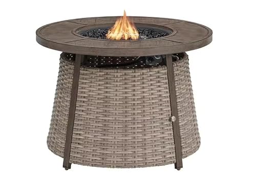 LYTIO 36 Inch 55000 Btu Brown Steel Propane Outdoor Fire Pit with Fire Glass | Adjustable Temperature | Powder-Coated Steel Frame | Rust-Resistant | Crystal Glass Beads Included
