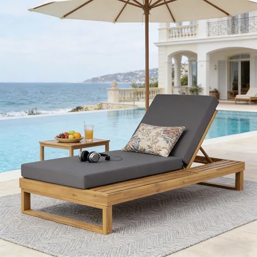 Christopher Knight Home Winlyn Acacia Wood Chaise Lounge Chair with 3-Fold Cushion, Outdoor Chaise Lounge with 4-Position Adjustable Backrest and Side Surface, Slatted Single Lounge, Teak+Dark Grey