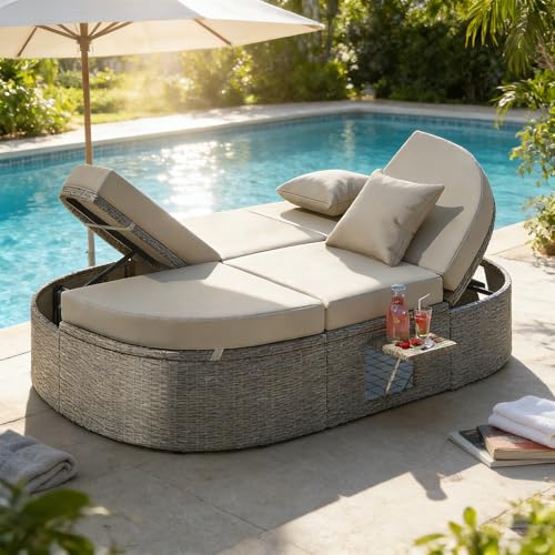 BAIESTWANG Outdoor Daybed for 2 with Adjustable Head & Foot Supports, Rattan Patio Chaise Lounge 6 Cushions 2 Pillows, Foldable Side Trays, 350lb Per Seat, Gray Cushion