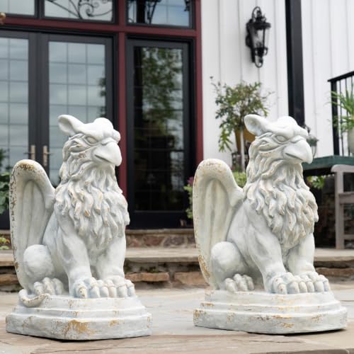 Zaer Ltd. Set of 2 Garden Griffin Statues, Magnesium-Cement Sculptures, 28.3" H Outdoor Entrance Decor (Distressed Gray)