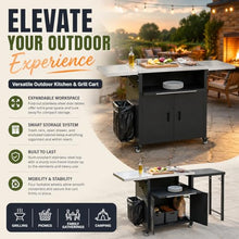 Portable BBQ Grill Cart, Outdoor Kitchen Island, Folding Prep Station with Trash Rack, Versatile Dining Cart, Ample Storage Space for Backyard and Patio Use, Perfect for Picnic and Family Gatherings