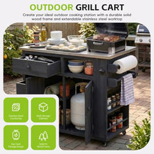 Garden Potting Bench with Stainless Table Top, 2 Movable Shelves and 1 Bottle Opener, Large Patio Rolling Kitchen Island, Solid Wood Kitchen Cart (41.7'' Black)