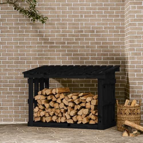 WXPWAMZ Firewood Rack Black 108X64.5X77 Cm Solid Wood Pine, Firewood Log Rack, Firewood Storage Rack Shelf, Ventilation Metal Log Store Holder For Outdoor Or Indoor Wood Stand Se