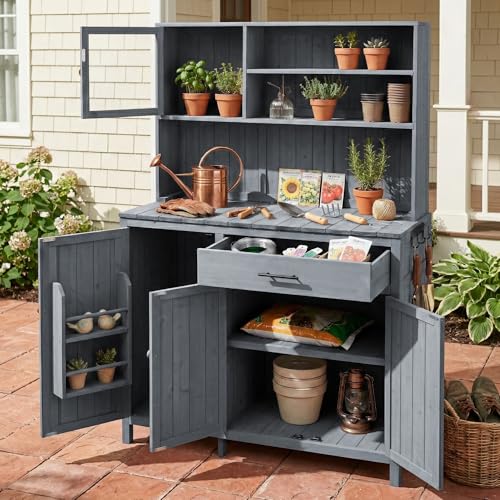Merax Outdoor Garden Potting Bench with Hutch, 65" H Solid Fir Wood Patio Garden Workstation Tabl with Large Countertop, Adjustable Shelves, Door Rack, Side Hook and Drawer, Gray