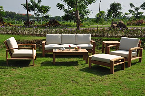 6 Pc A-Grade Outdoor Patio Teak Sofa Set - 3 Seater Sofa, 2 Deep Seating Club Chairs, 1 Side Table, 1 Rectangle Coffee Table and 1 Ottoman-Furniture Only - Madras Collection