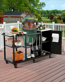 Outdoor Grill Cart Table for Big Green Egg & Kamado Joe Classic, Heavy Duty 920LBS BBQ Prep Station with Stainless Steel Top, Cabinet, Shelves, Spice Rack, Paper Towel Holder and Trash Bag Holder