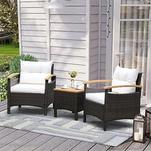 DUYHBAWRS 3PCS Patio Rattan Furniture Set Wooden Armrest Table Top Cushioned Deck