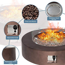 SUNBURY Outdoor Propane Burning Fire Pit, Circular Dark Brown Patio Fire Table 50,000 BTU w Lava Rocks, Glass Wind Guard, Waterproof Cover