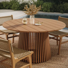 Modway Lane 55 Inch Teak Wood Outdoor Round Dining Table for 6 in Natural – Slatted Patio Table with Umbrella Hole and Pedestal Base for Patio, Balcony, Deck, Backyard, Terrace Or Sunroom