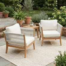 Christopher Knight Home Simmi Set of 2 Patio Acacia Wood Club Chair with Rope Woven Armrest & Backrest, Lounge Chair Outdoor with Weather-Resistant Cushions, Deep Seating Accent Chair, Natural+Beige