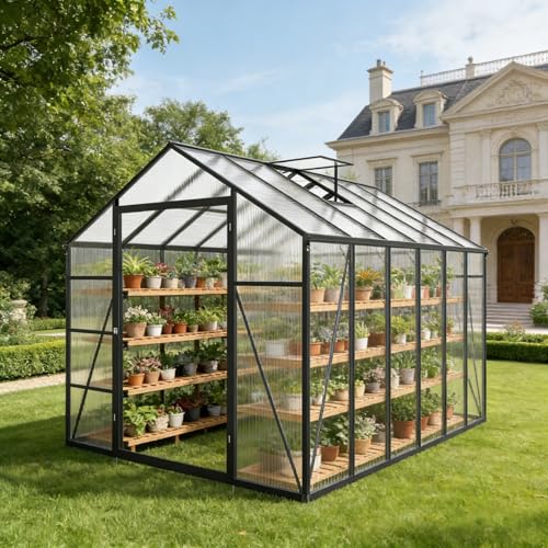 Trygoal 10x12 FT Greenhouse, Walk-in Heavy Duty Polycarbonate Outdoor Greenhouses with Raised Base & Anchor, Drainage System & Height-Enhanced Aluminum Frame for Backyard All Season Growing, Black