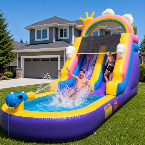 HXDOGSP Inflatable Water Slide Commercial Grade: Water Bounce House for Adults and Teenagers - Big Pool, Premium PVC, Wet & Dry, Blower Included - for Backyard Outdoor Birthday Party, Rainbow Style