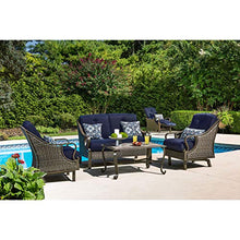 Hanover Ventura Outdoor 4-Piece Patio Furniture Set with Loveseat, 2 Rocking Chairs, Navy Cushions and Ceramic Tile Coffee Table Navy