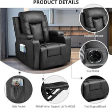 Black Leather Recliner Chair with Heated Massage for Adults, 360-Degree Swivel Rocker Recliner with 2 Cup Holders, Ergonomic Single Sofa Seat for Living Room